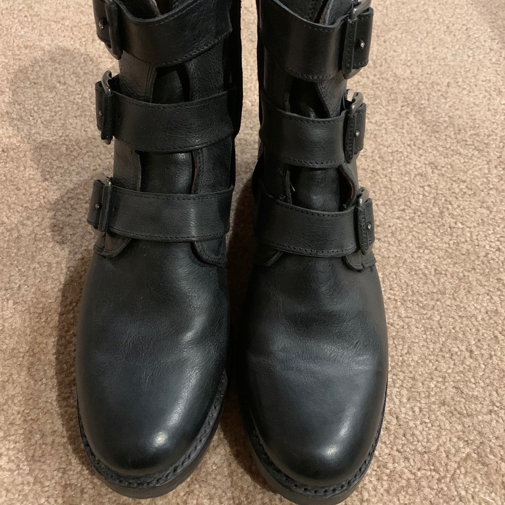 Frye Black Leather Ankle Boots with Buckle Straps